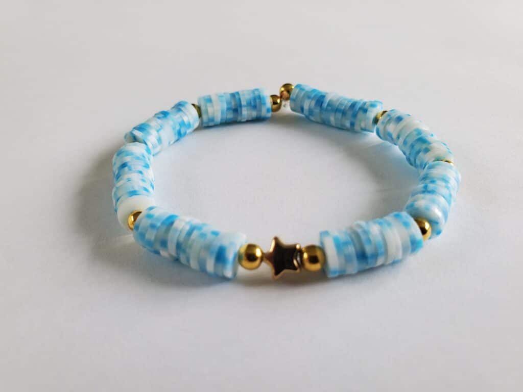 Blue And White Clay Bead Bracelet With Gold Charm Serenity Marie Boutique Beaded Bracelets For Everyone